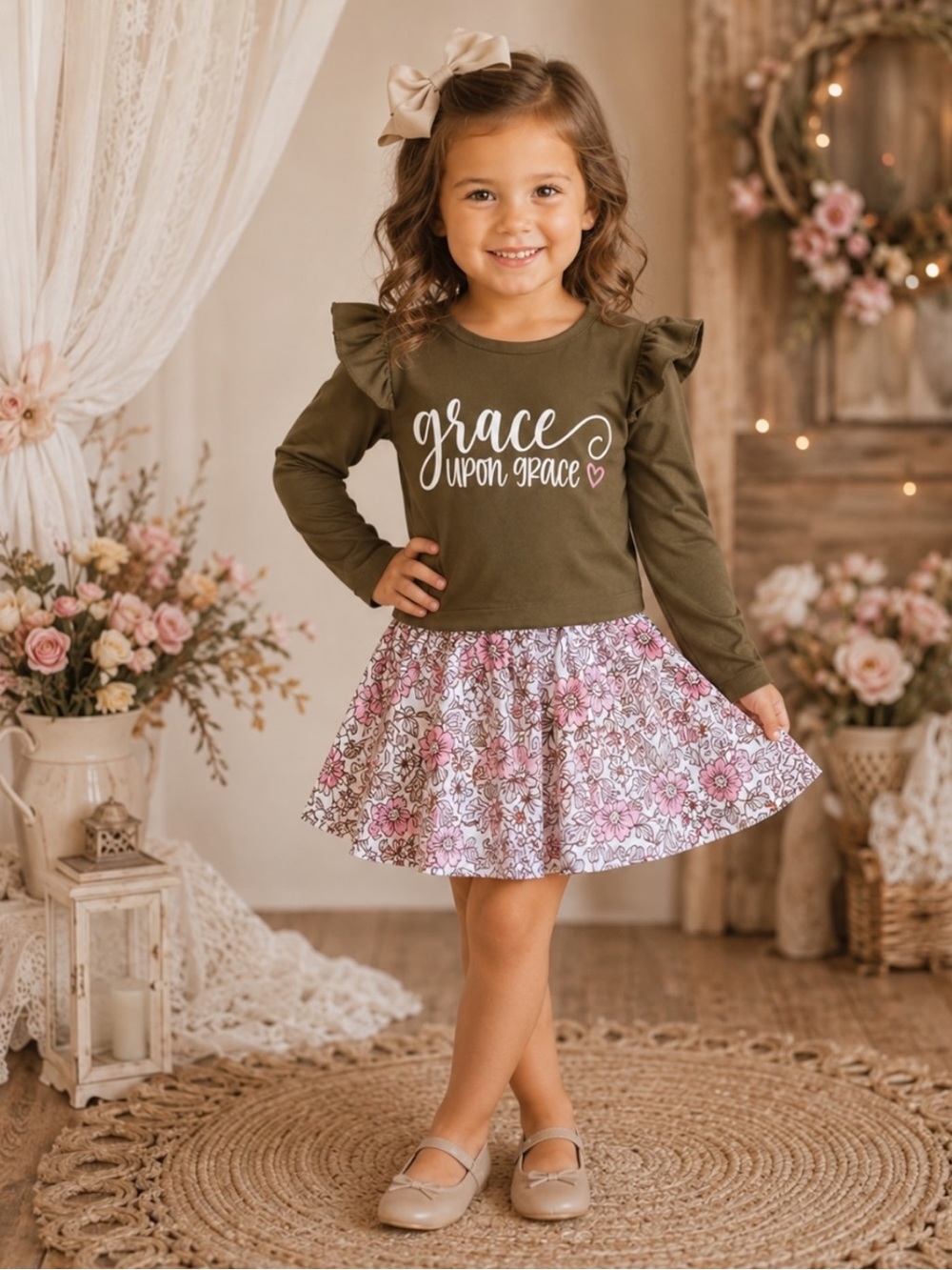 New Boutique Grace Upon Grace Ruffle Top Floral Skirt Outfit Set Girls 4-5Y